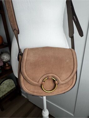 Tory Burch Tan Suede Saddle Crossbody with Gold Ring